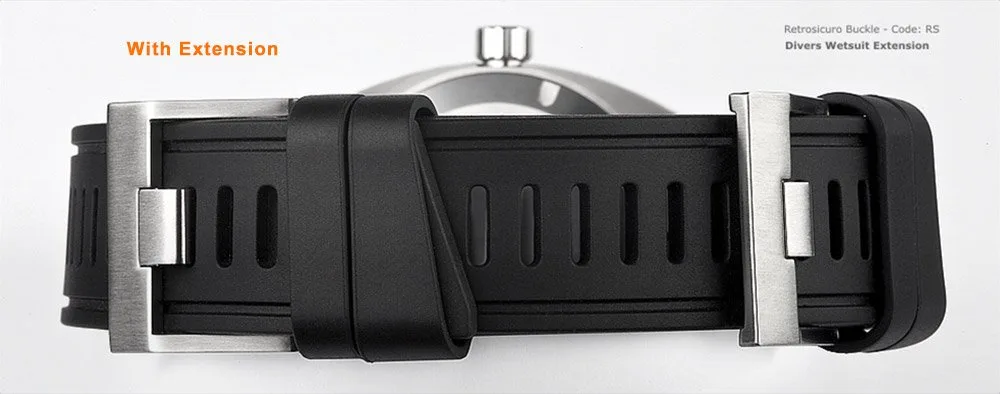 Black ISOfrane® strap with RS buckle and divers wetsuit extension fitted